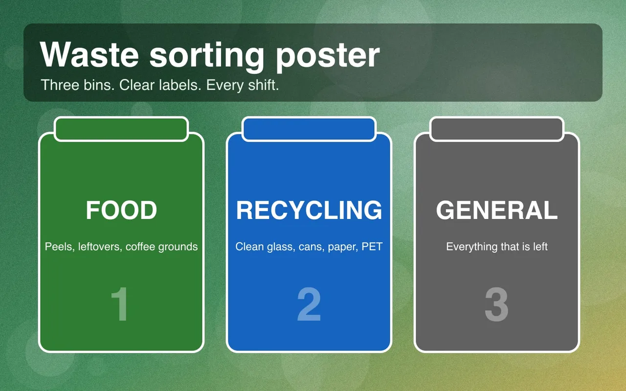 Poster with three bins: food (green), recycling (blue) and general waste (grey)